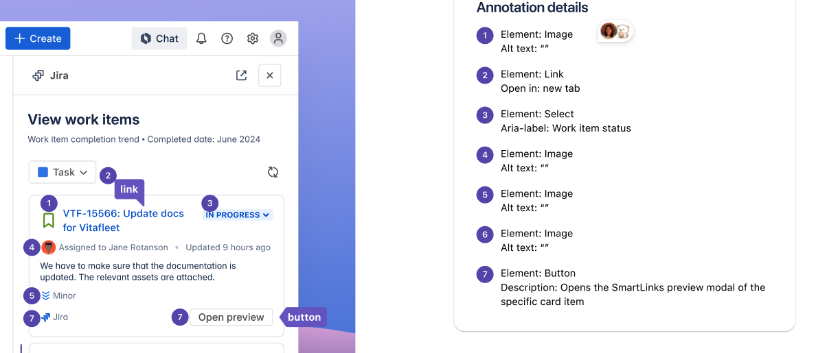 Figma design showing annotations for tab order alt-text, aria-labels & HTML elements