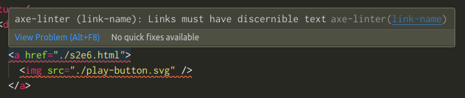The code from the previous slide, with red squiggly underlines denoting linting errors on the link and image, and error text explaining the link needs discernible text
