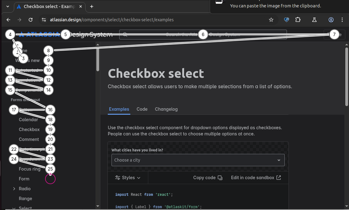 a screenshot of the checkbox select
          component on atlassian.design, with the page's tab order annotated on
          it